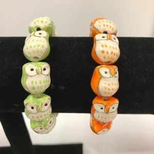 Pair Ceramic Owl Stretch Bracelets